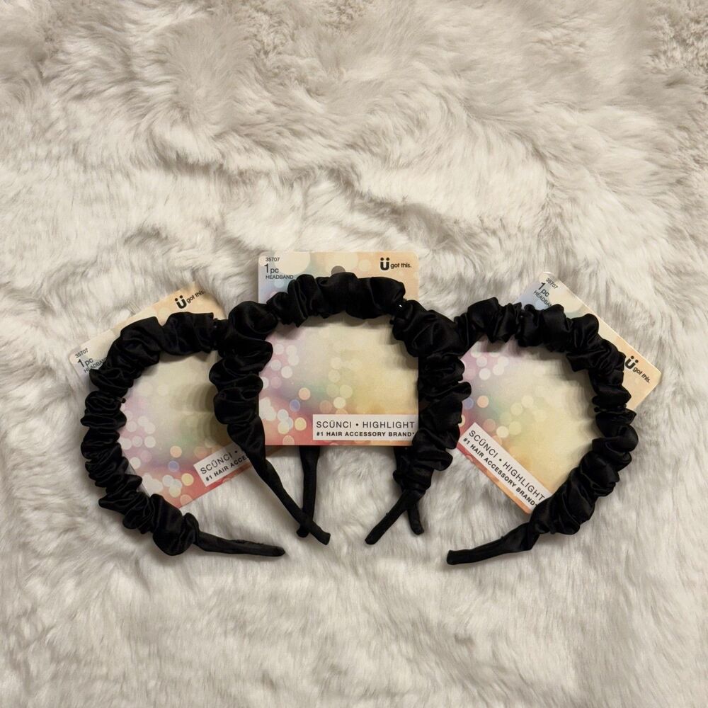 3 Pack Scünci Black Satin Ruched Padded Headbands Bundle – New